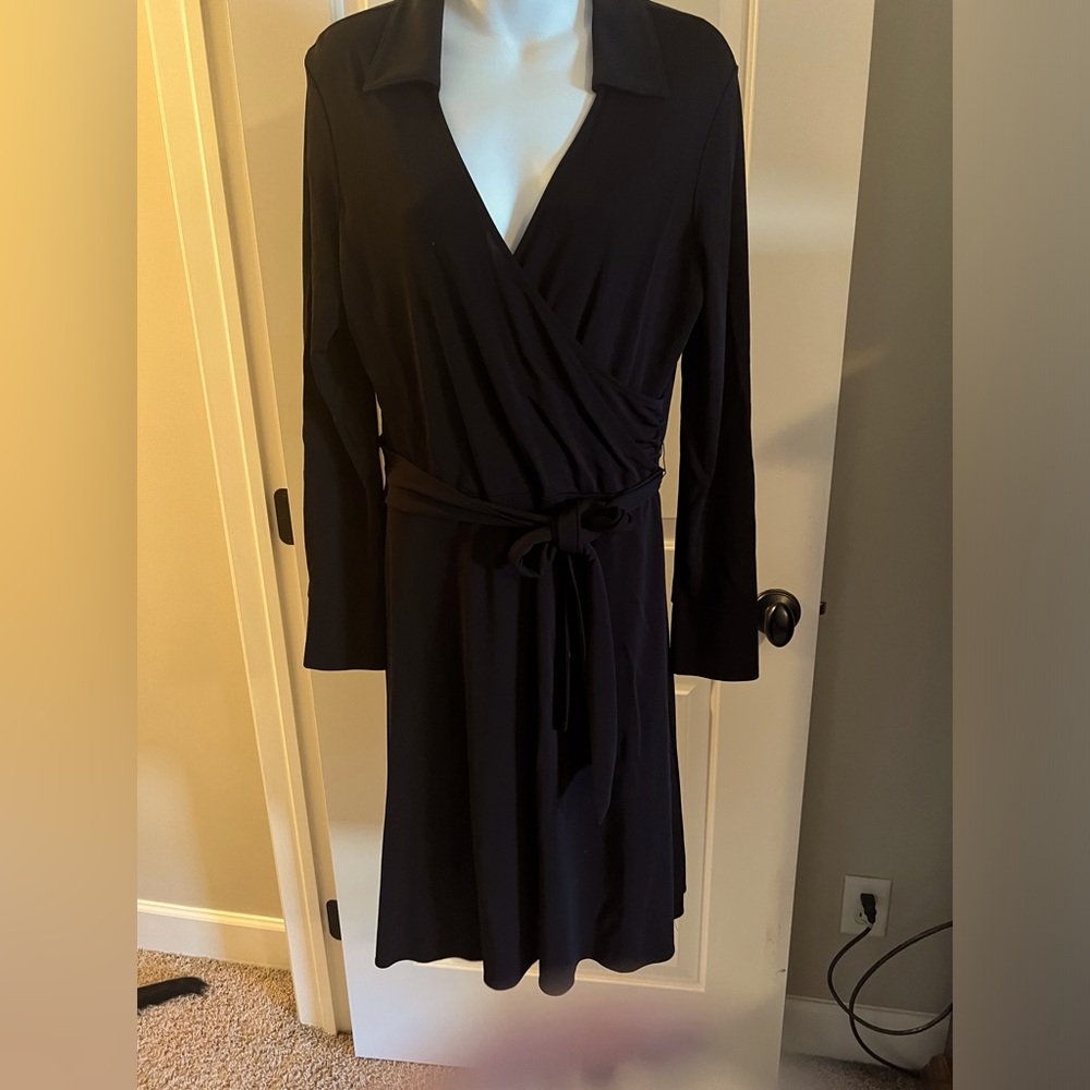 Talbots stretch mid length black faux wrap dress with attached belt. EUC